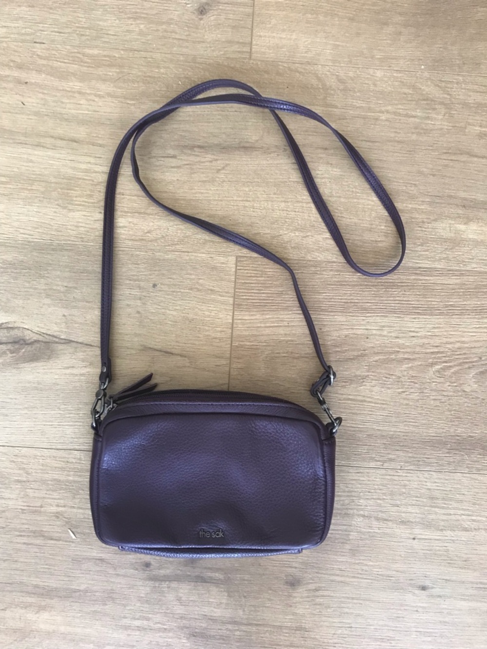 The Sac Plum Pebbled Leather Crossbody Purse Small